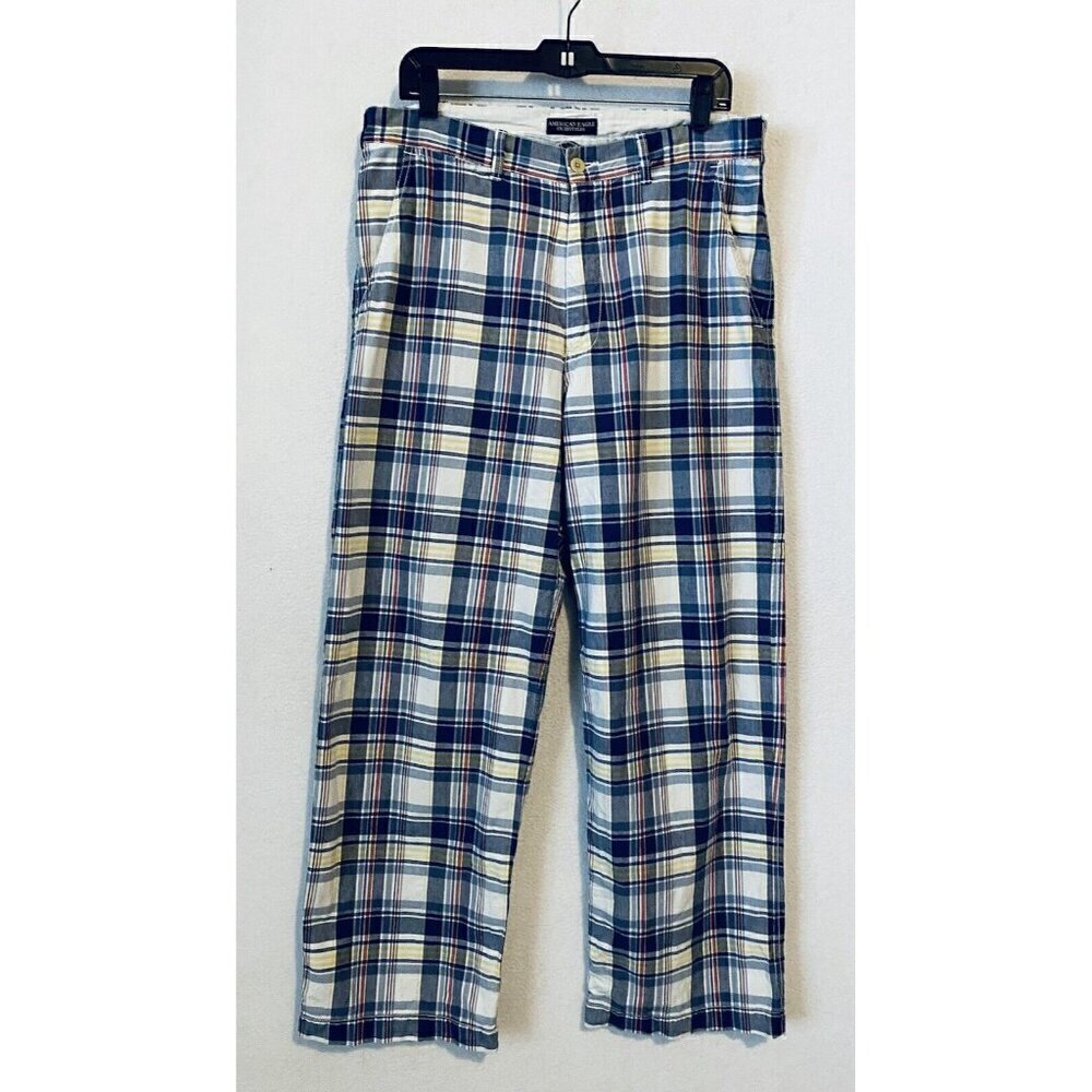 American Eagle Pants Mens 32 Blue Plaid Straight Leg Pockets Preppy Y2K 90s